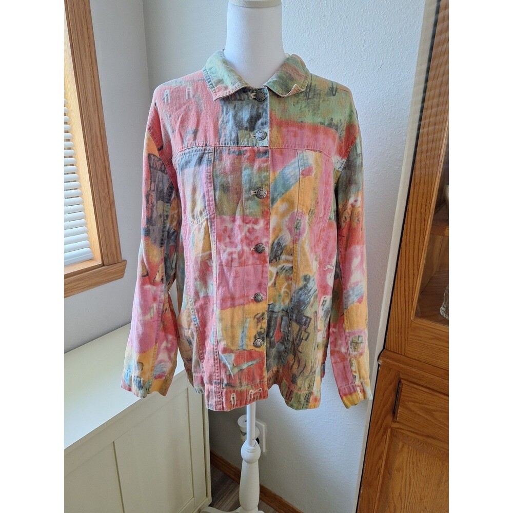 Chicos Jacket Linen Cotton Blend Size 2 Multicolor Pastel Colors
